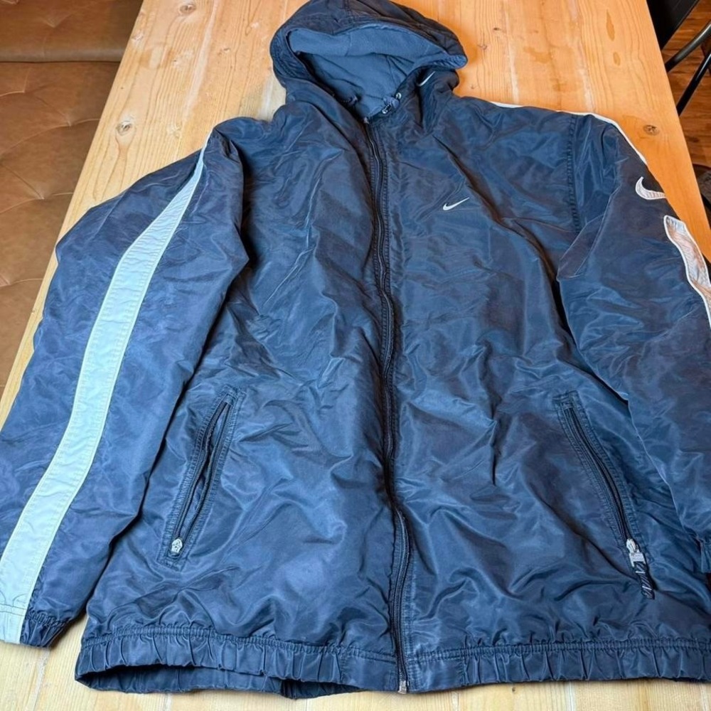 Nike Vintage Windbreaker Jacket Men XXL Black White Hooded Fleece Lined Full Zip